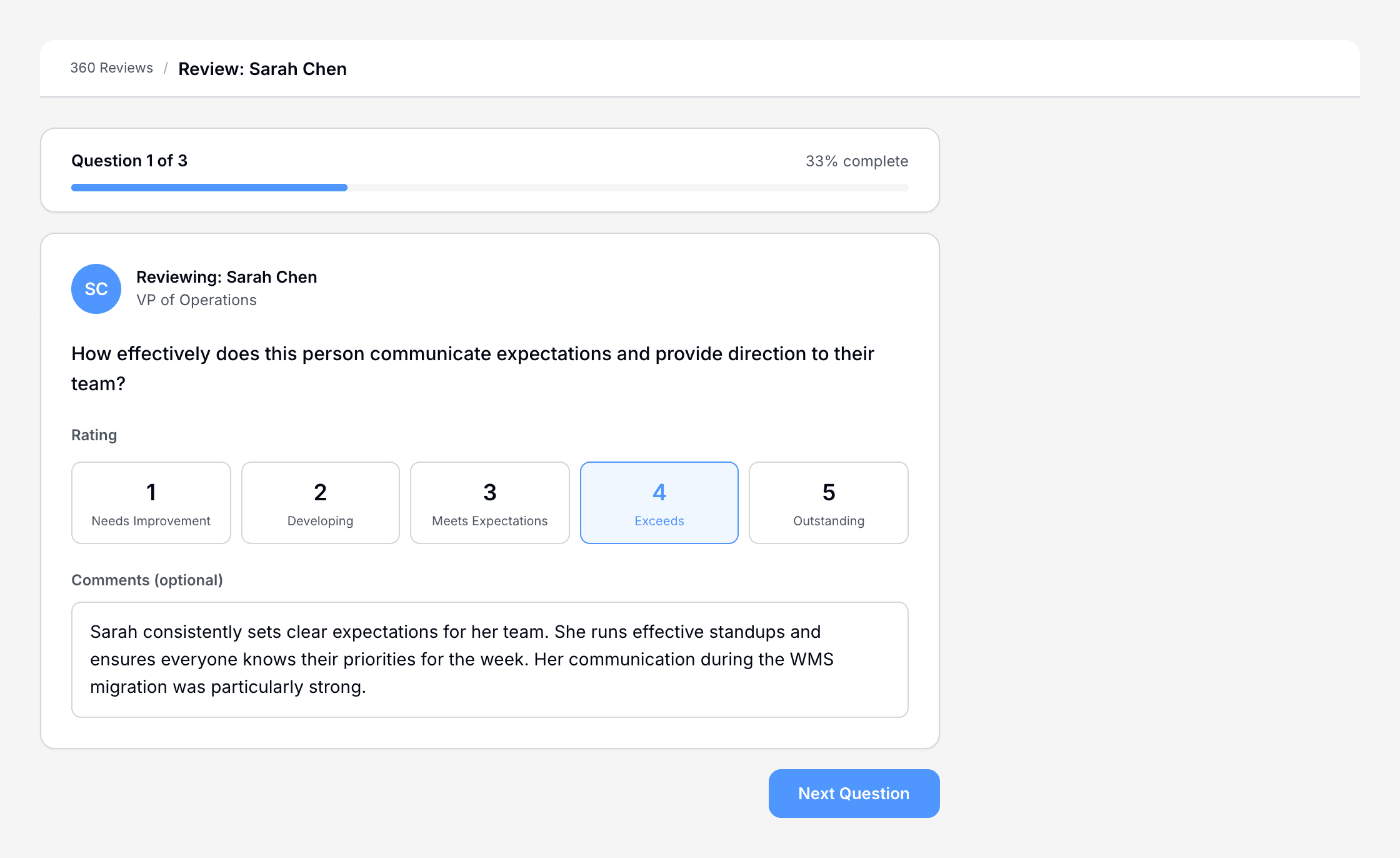 Culture Wheel 360 feedback review showing rating scale, comment box, and progress indicator