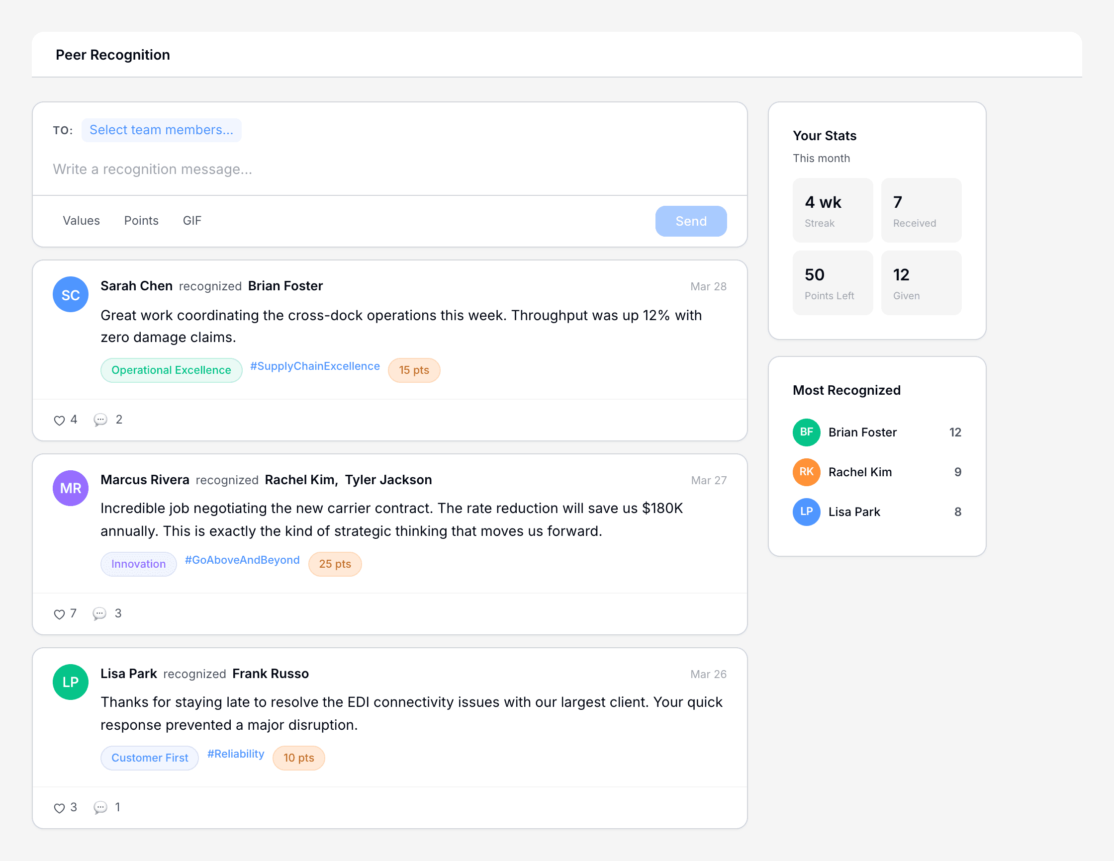Culture Wheel peer recognition feed with recognition cards, points, core values, and stats sidebar